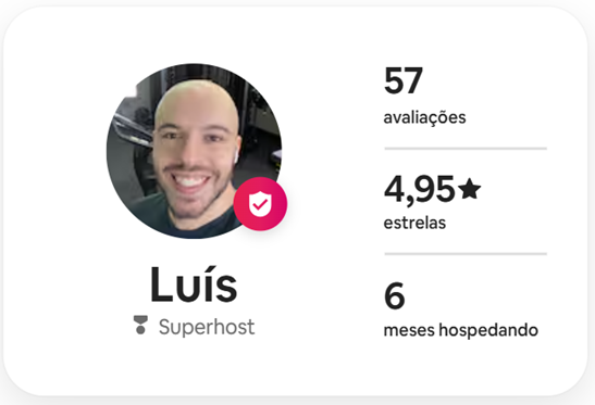 Perfil de Luís no Airbnb: 57 avaliações, 4,95 estrelas e 6 meses hospedando